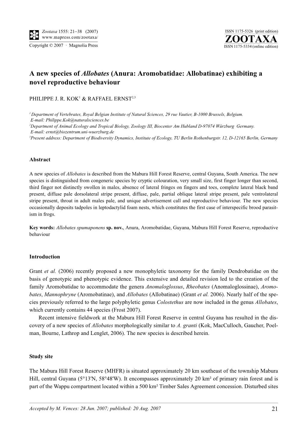 Zootaxa,A New Species of Allobates (Anura: Aromobatidae: Allobatinae)