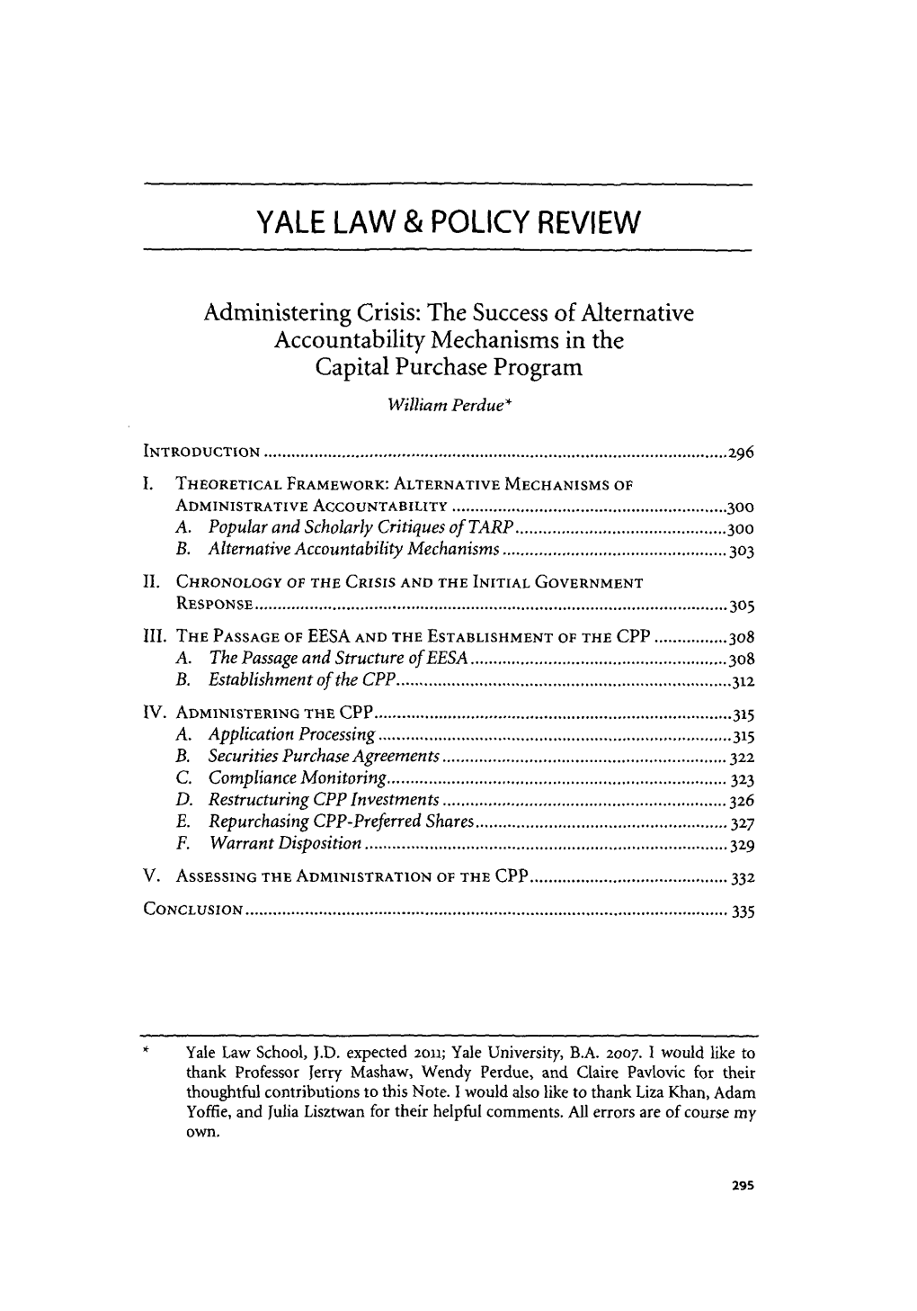 The Success of Alternative Accountability Mechanisms in the Capital Purchase Program William Perdue*