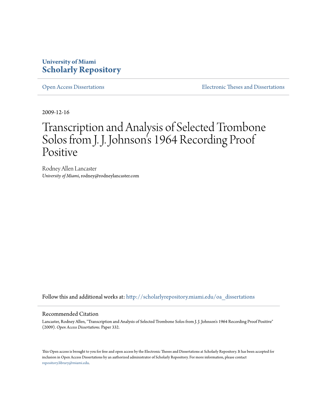 Transcription and Analysis of Selected Trombone Solos from J. J