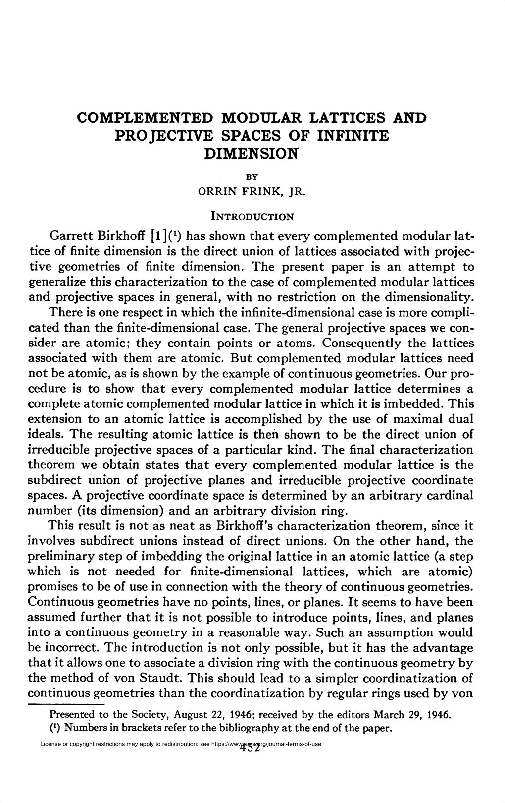 Complemented Modular Lattices and Protective Spaces of Infinite Dimension