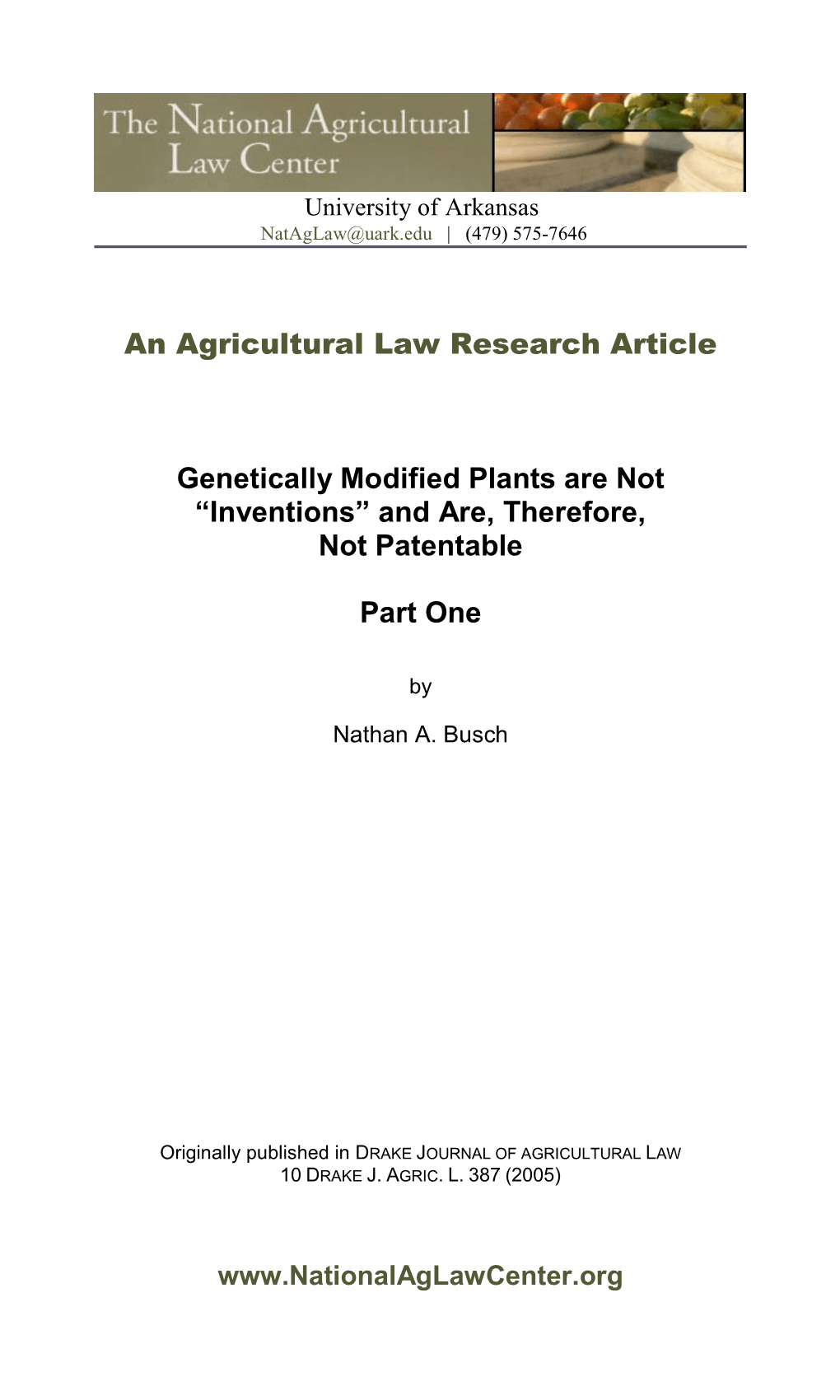 An Agricultural Law Research Article Genetically Modified Plants Are