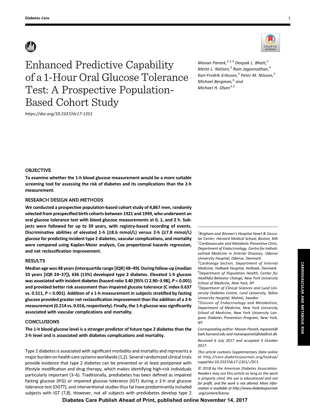 Enhanced Predictive Capability of a 1-Hour Oral Glucose Tolerance Test