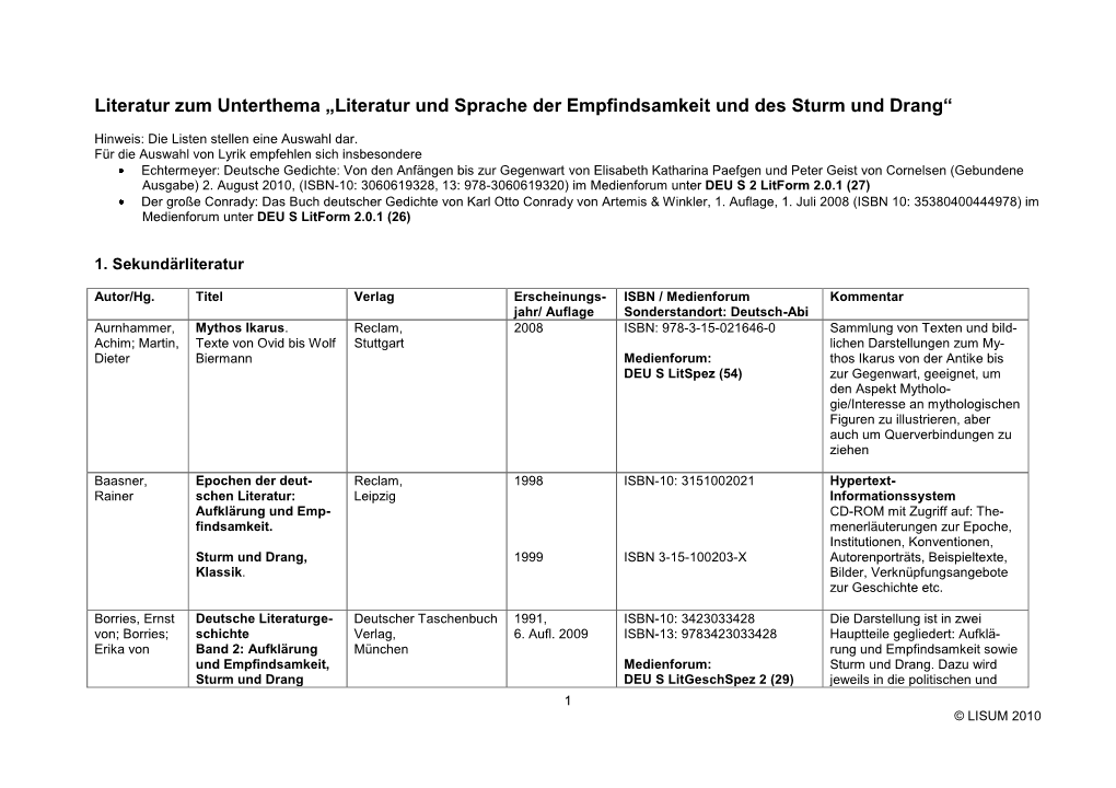 Literatur Und Sprache Der Empfindsamkeit Und Des Sturm Und Drang“