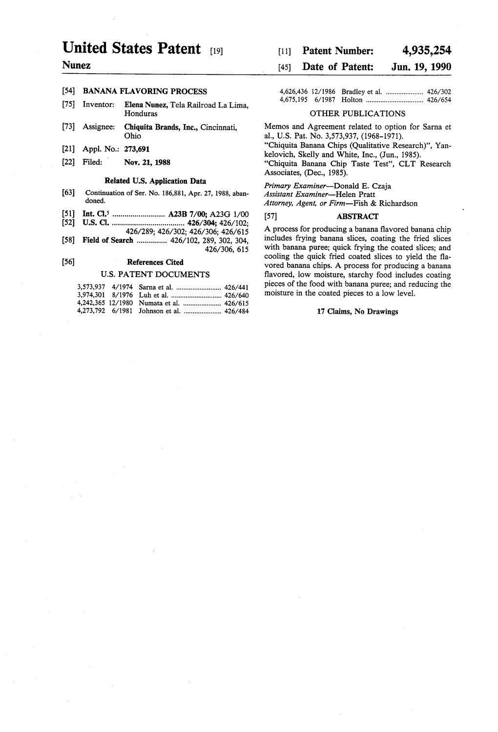 United States Patent (19) 11 Patent Number: 4,935,254 Nunez 45 Date of Patent: Jun