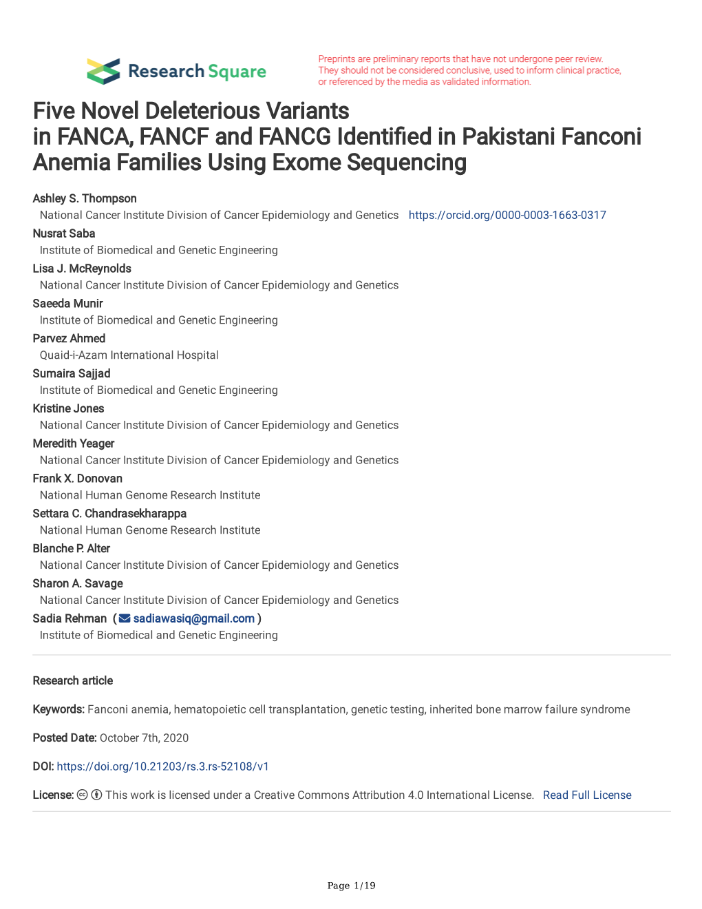 Five Novel Deleterious Variants in FANCA, FANCF and FANCG Identi Ed in Pakistani Fanconi Anemia Families Using Exome Sequen