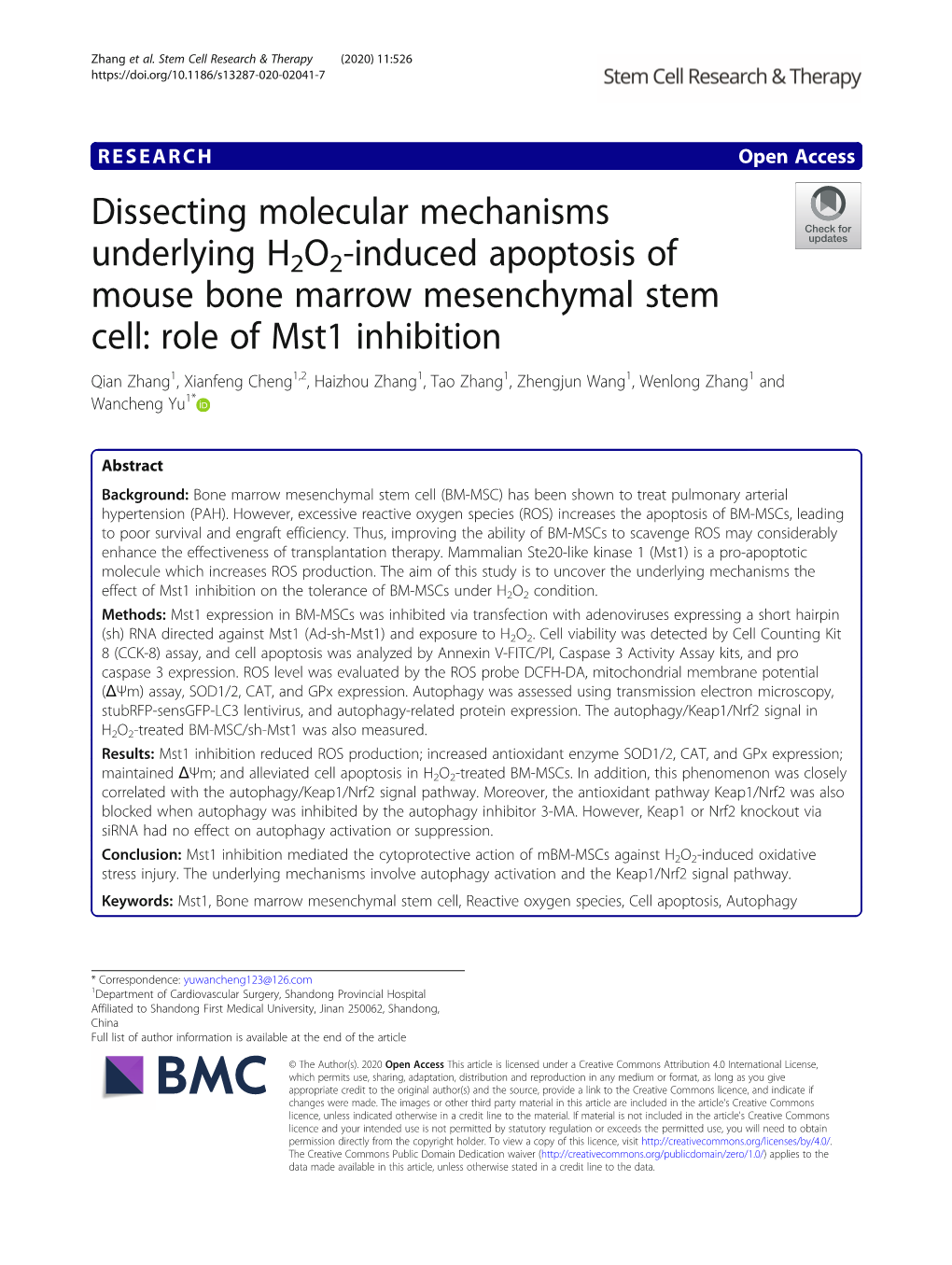 Dissecting Molecular Mechanisms Underlying H2O2-Induced Apoptosis of Mouse Bone Marrow Mesenchymal Stem Cell: Role of Mst1 Inhib