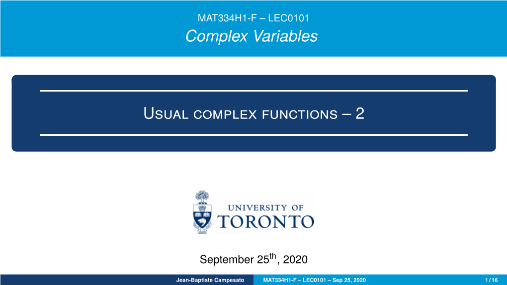 Complex Variables USUAL COMPLEX FUNCTIONS