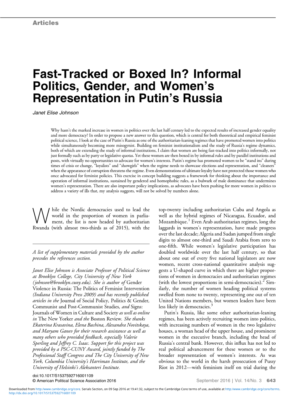 Fast-Tracked Or Boxed In? Informal Politics, Gender, and Women's Representation in Putin's Russia