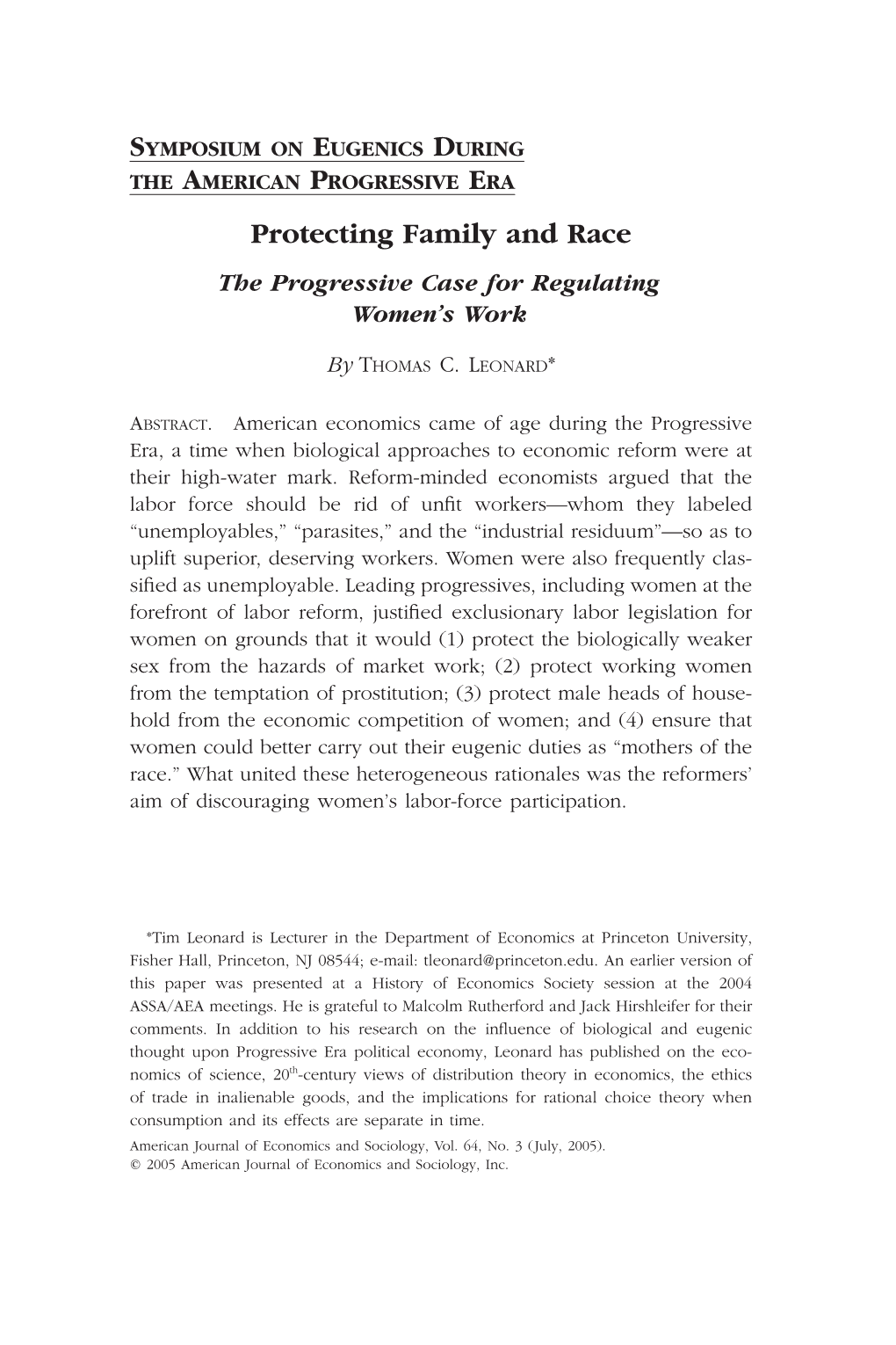 Protecting Family and Race the Progressive Case for Regulating Women’S Work