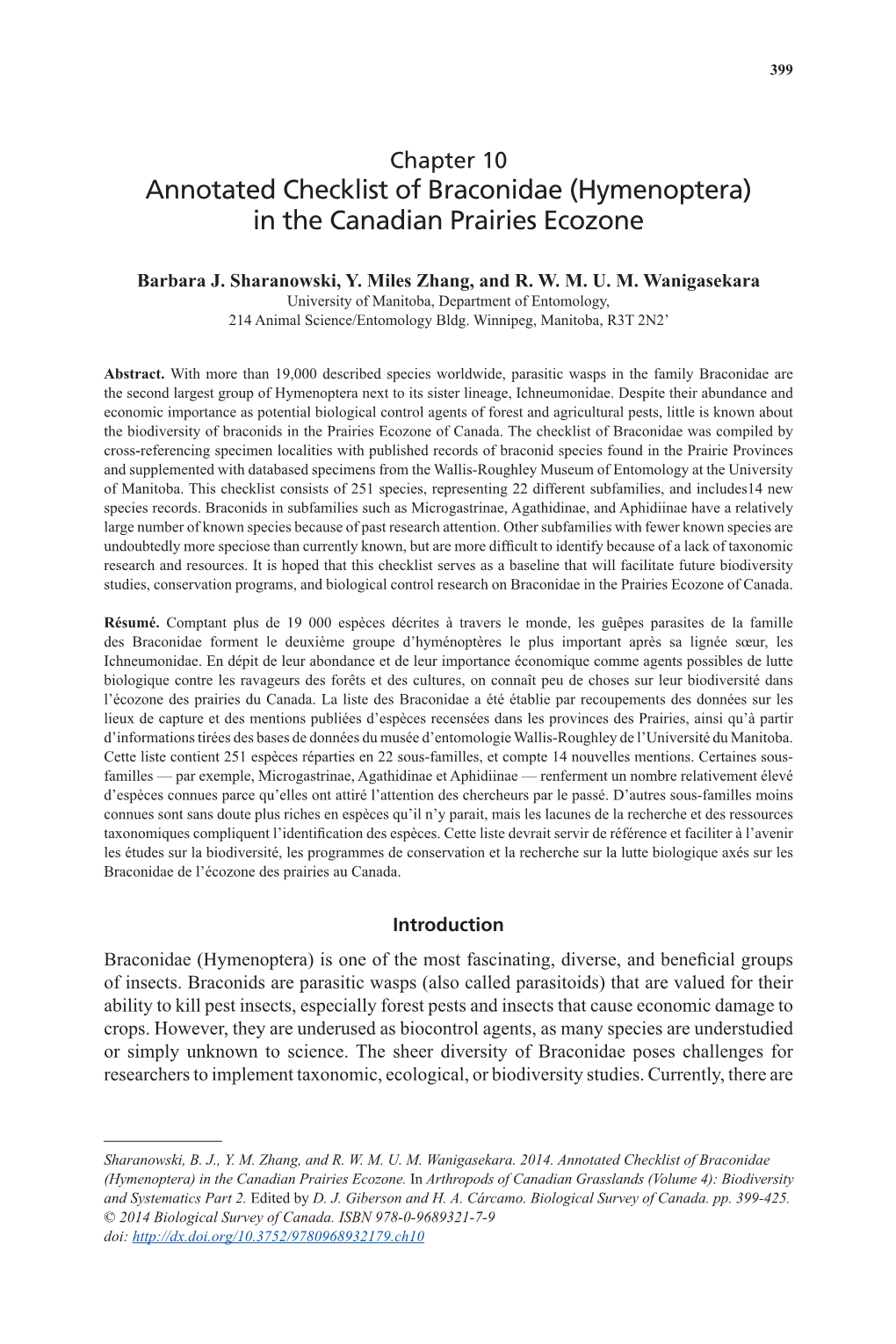 Annotated Checklist of Braconidae (Hymenoptera) in the Canadian Prairies Ecozone