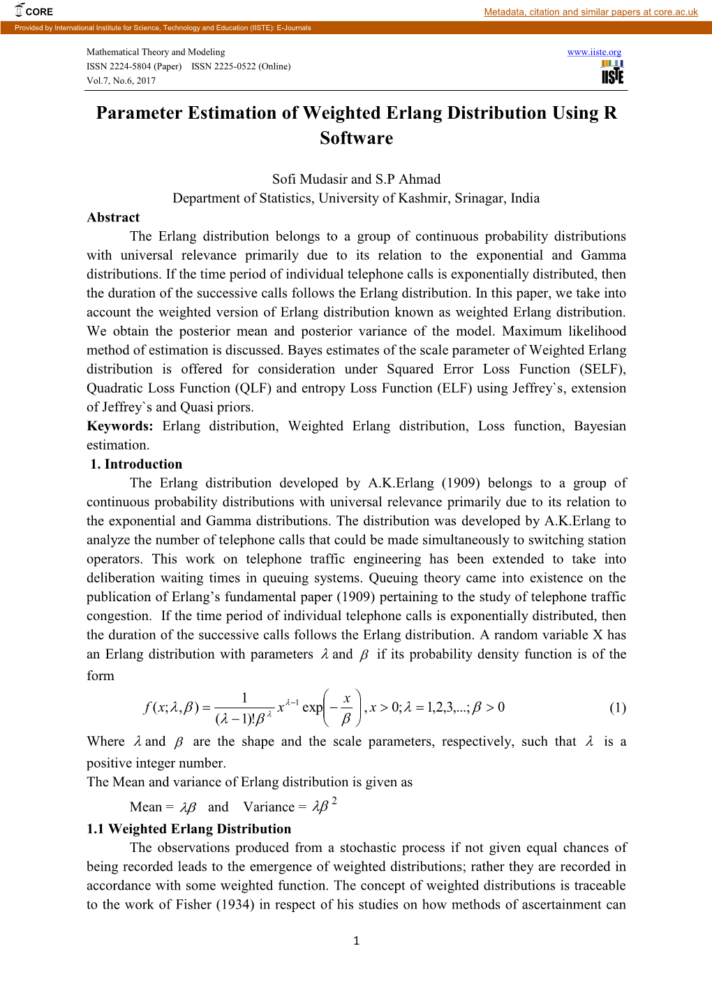 Parameter Estimation of Weighted Erlang Distribution Using R Software