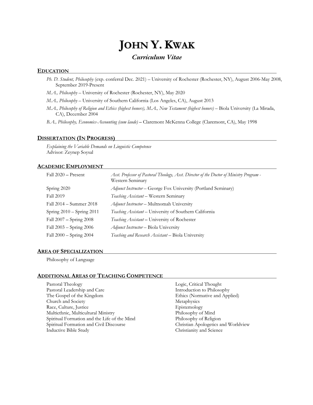 JOHN Y. KWAK Curriculum Vitae