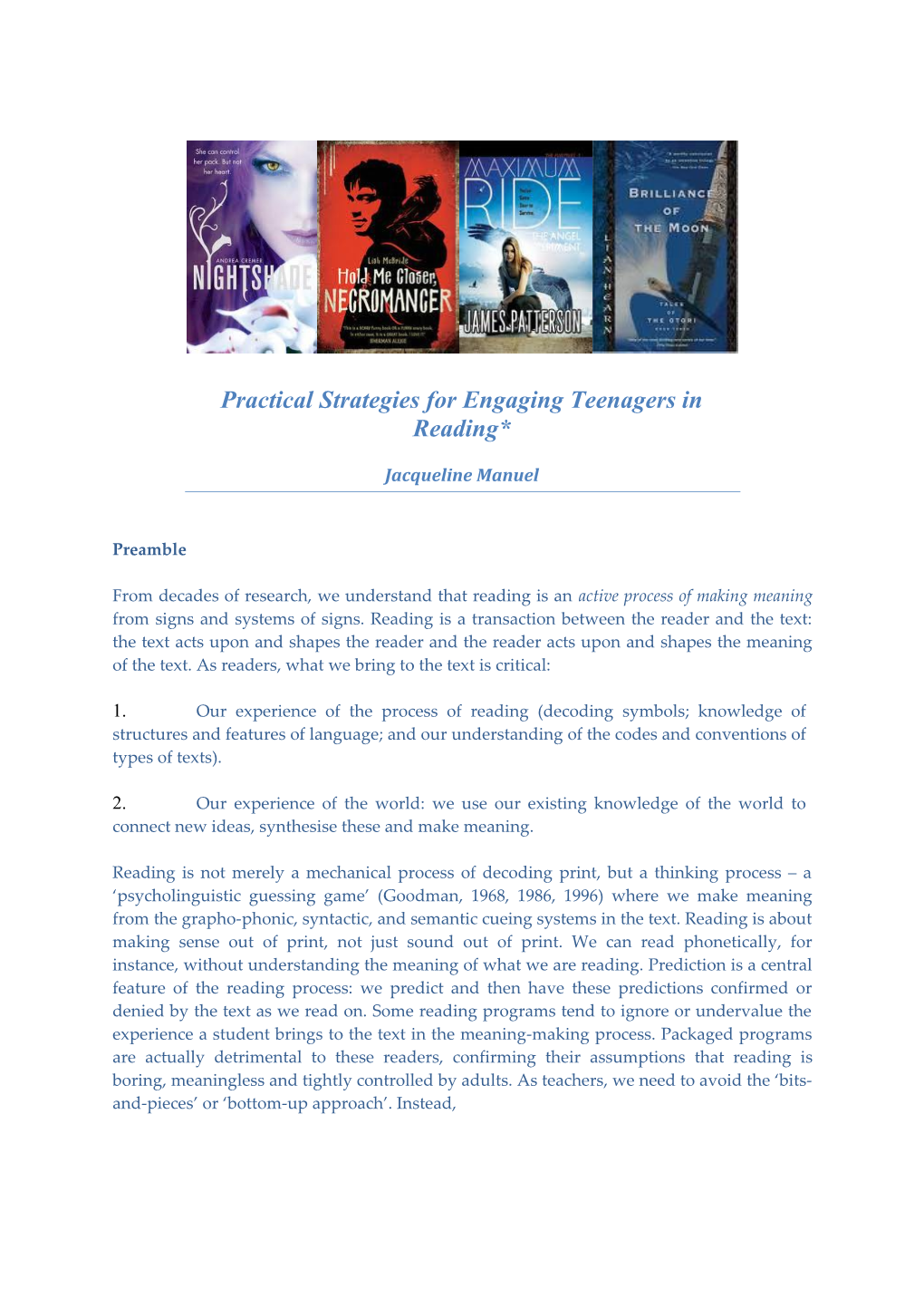 Practical Strategies for Engaging Teenagers in Reading*