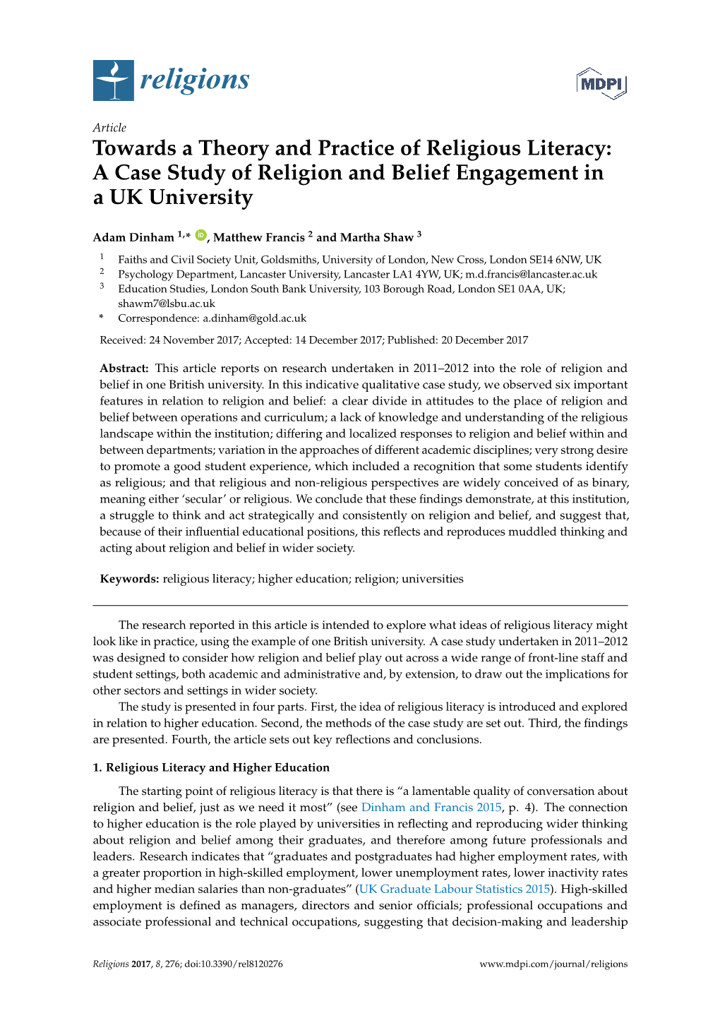 Towards a Theory and Practice of Religious Literacy: a Case Study of Religion and Belief Engagement in a UK University