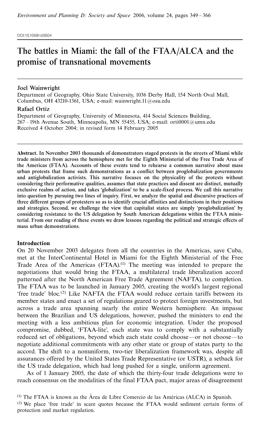 The Battles in Miami: the Fall of the FTAA and the Promise of Transnational Movements