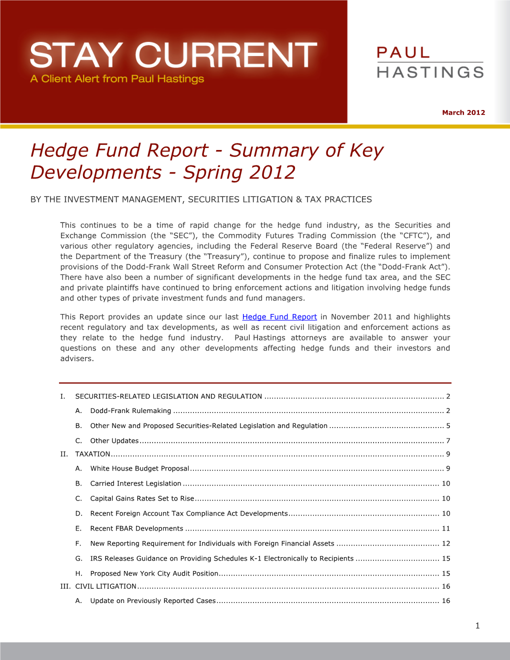 Hedge Fund Report - Summary of Key Developments - Spring 2012