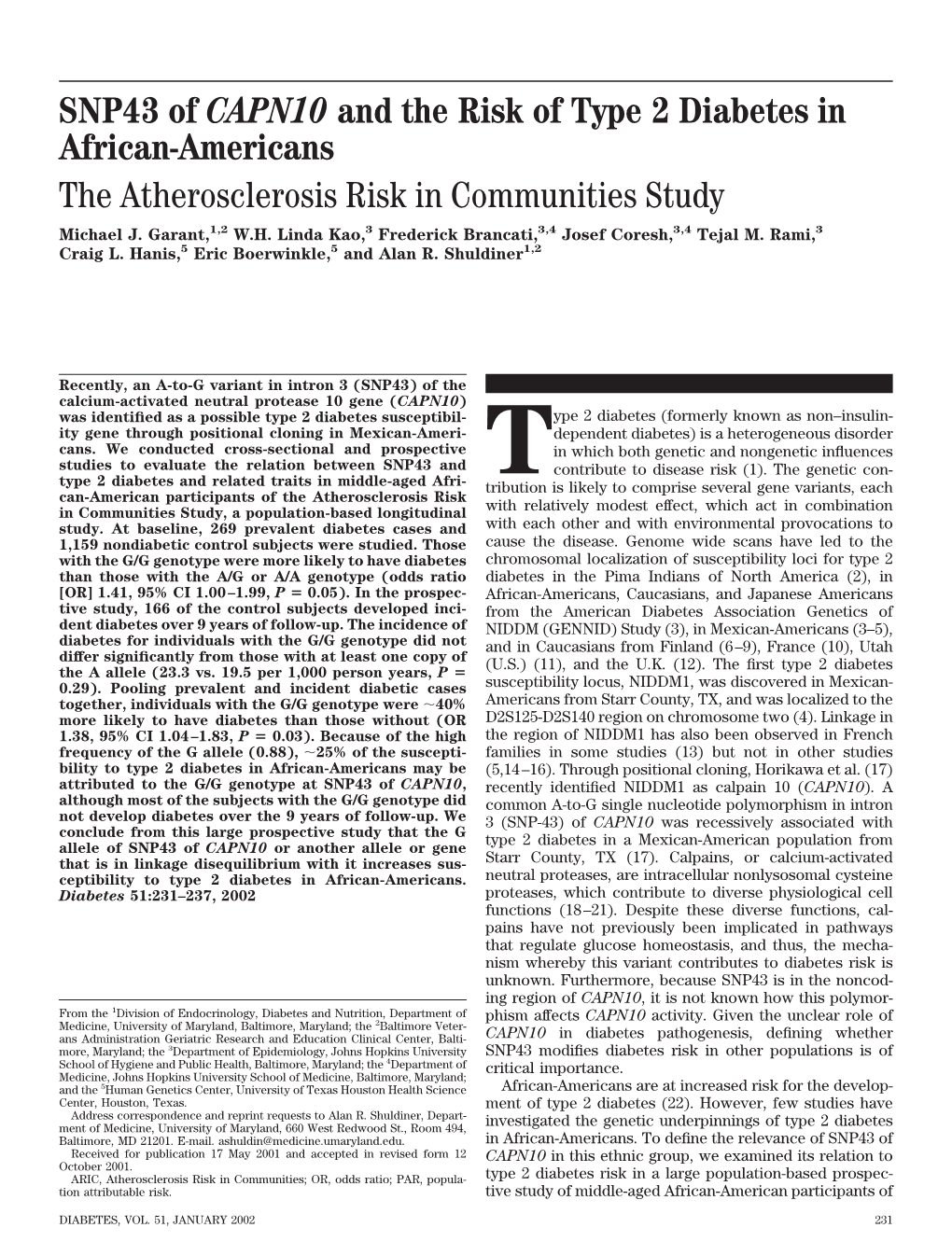 SNP43 of CAPN10 and the Risk of Type 2 Diabetes in African-Americans the Atherosclerosis Risk in Communities Study Michael J