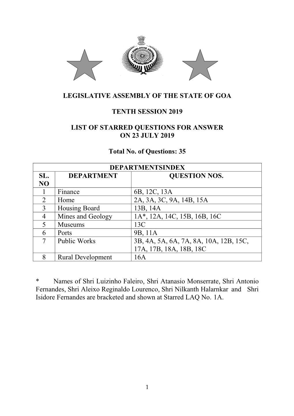 Legislative Assembly of the State of Goa Tenth Session