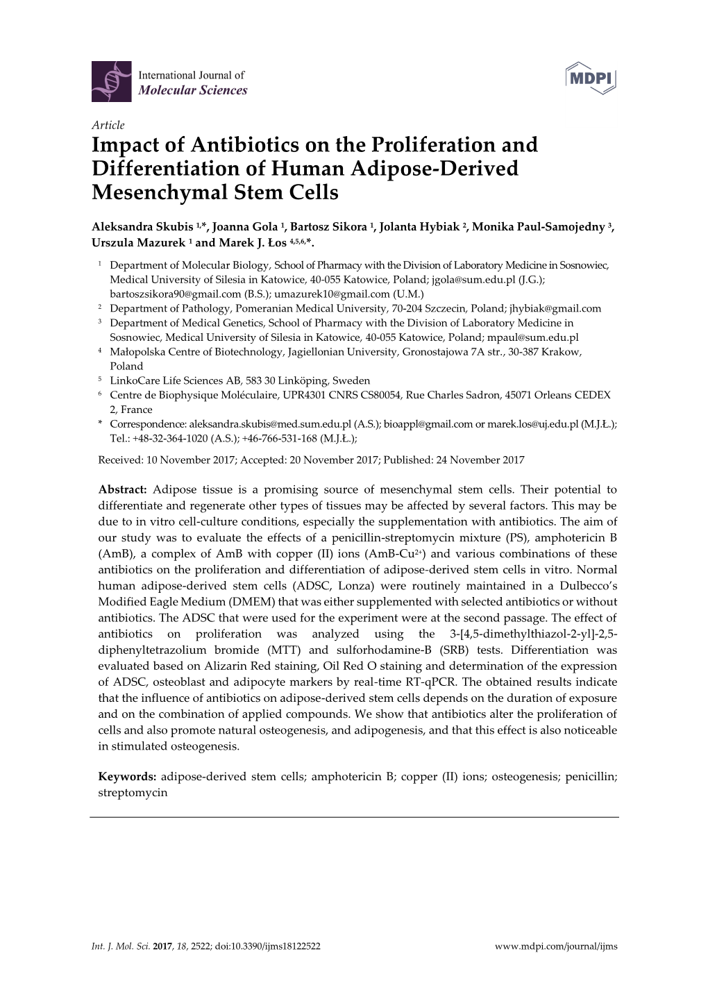 Impact of Antibiotics on the Proliferation and Differentiation of Human Adipose-Derived Mesenchymal Stem Cells