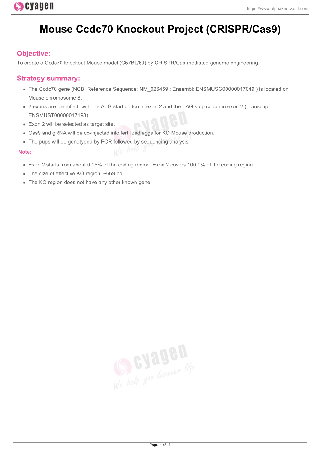 Mouse Ccdc70 Knockout Project (CRISPR/Cas9)