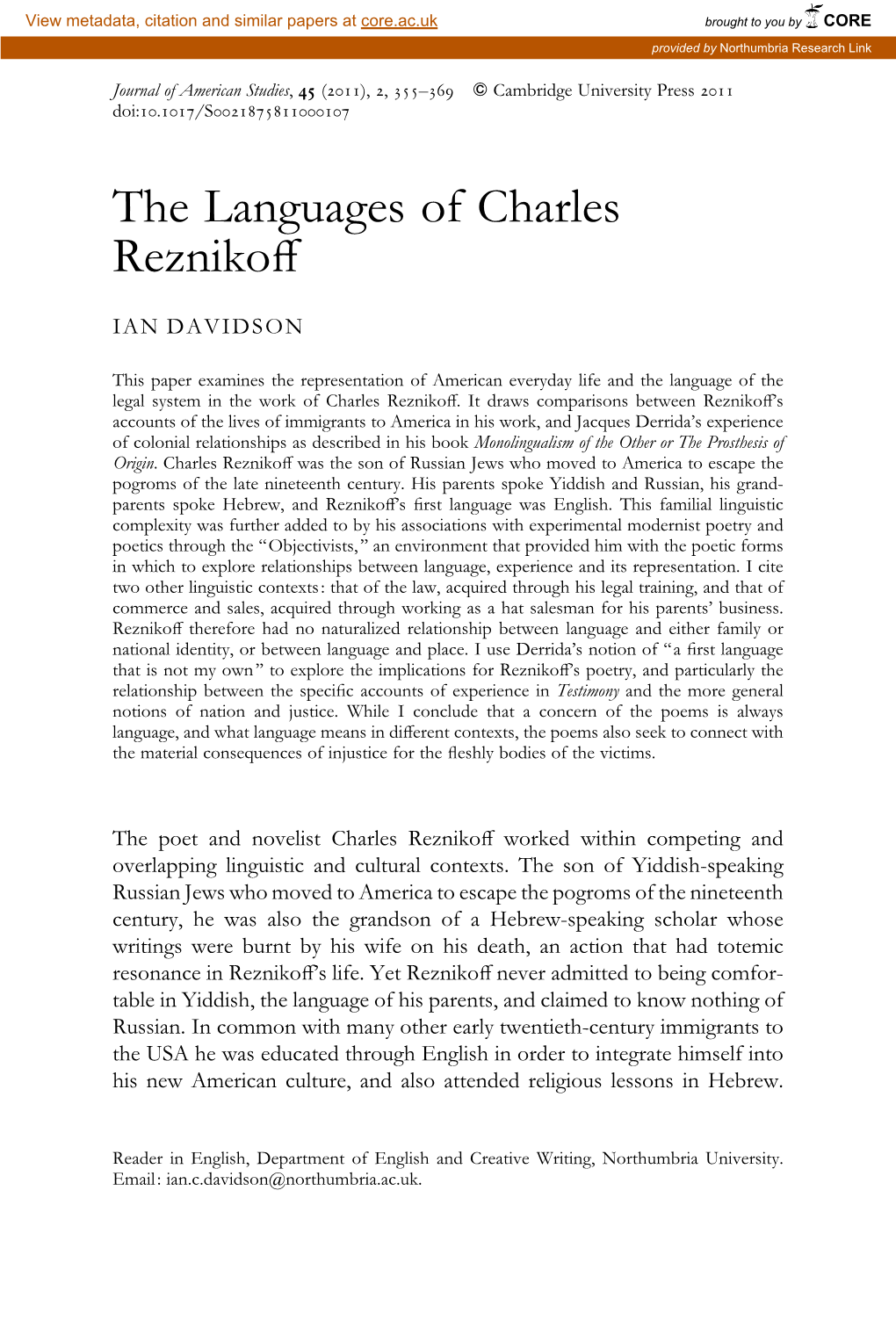 The Languages of Charles Reznikoff