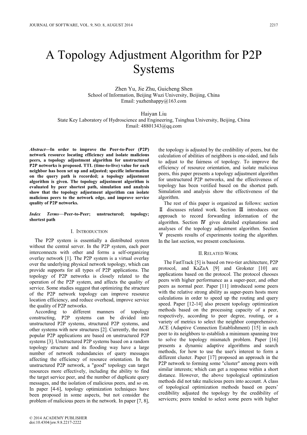 A Topology Adjustment Algorithm for P2P Systems