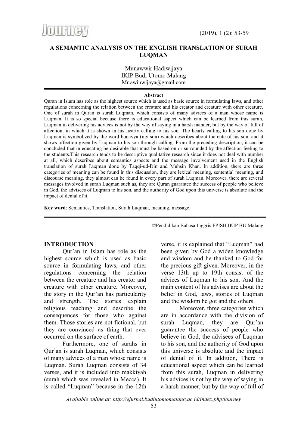 53-59 53 a SEMANTIC ANALYSIS on the ENGLISH TRANSLATION of SURAH LUQMAN Munawwir Hadiwijaya IKIP Budi Utomo Malan