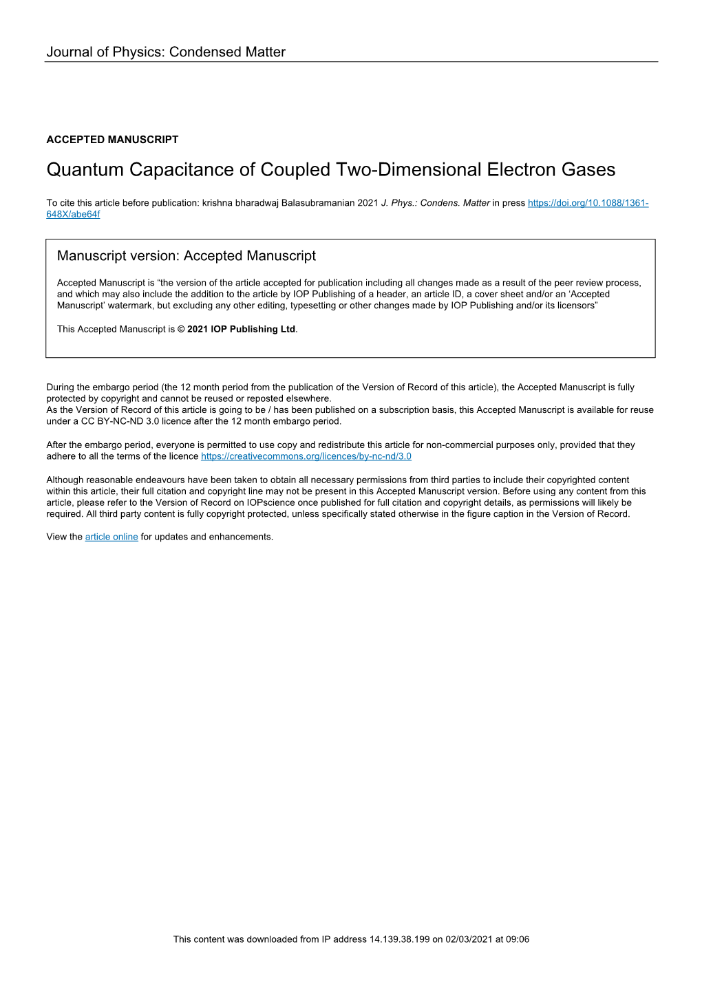 Quantum Capacitance of Coupled Two-Dimensional Electron Gases