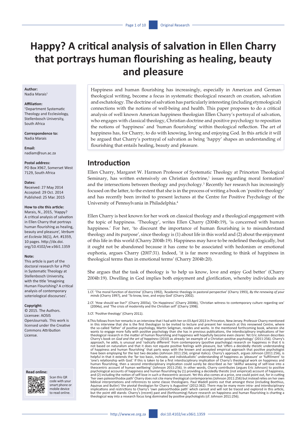 Happy? a Critical Analysis of Salvation in Ellen Charry That Portrays Human Flourishing As Healing, Beauty and Pleasure