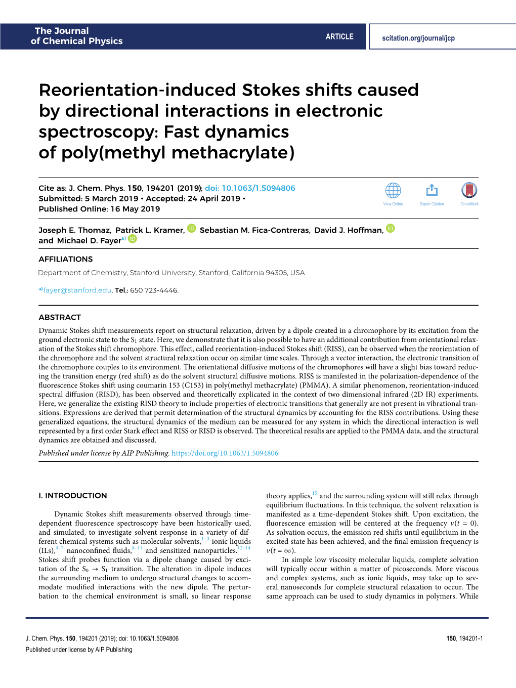 Reorientation-Induced Stokes Shifts Caused by Directional Interactions in Electronic Spectroscopy: Fast Dynamics of Poly(Methyl Methacrylate)