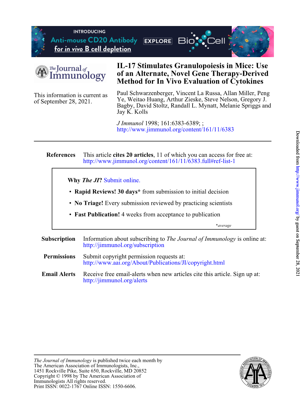 Method for in Vivo Evaluation of Cytokines of an Alternate, Novel