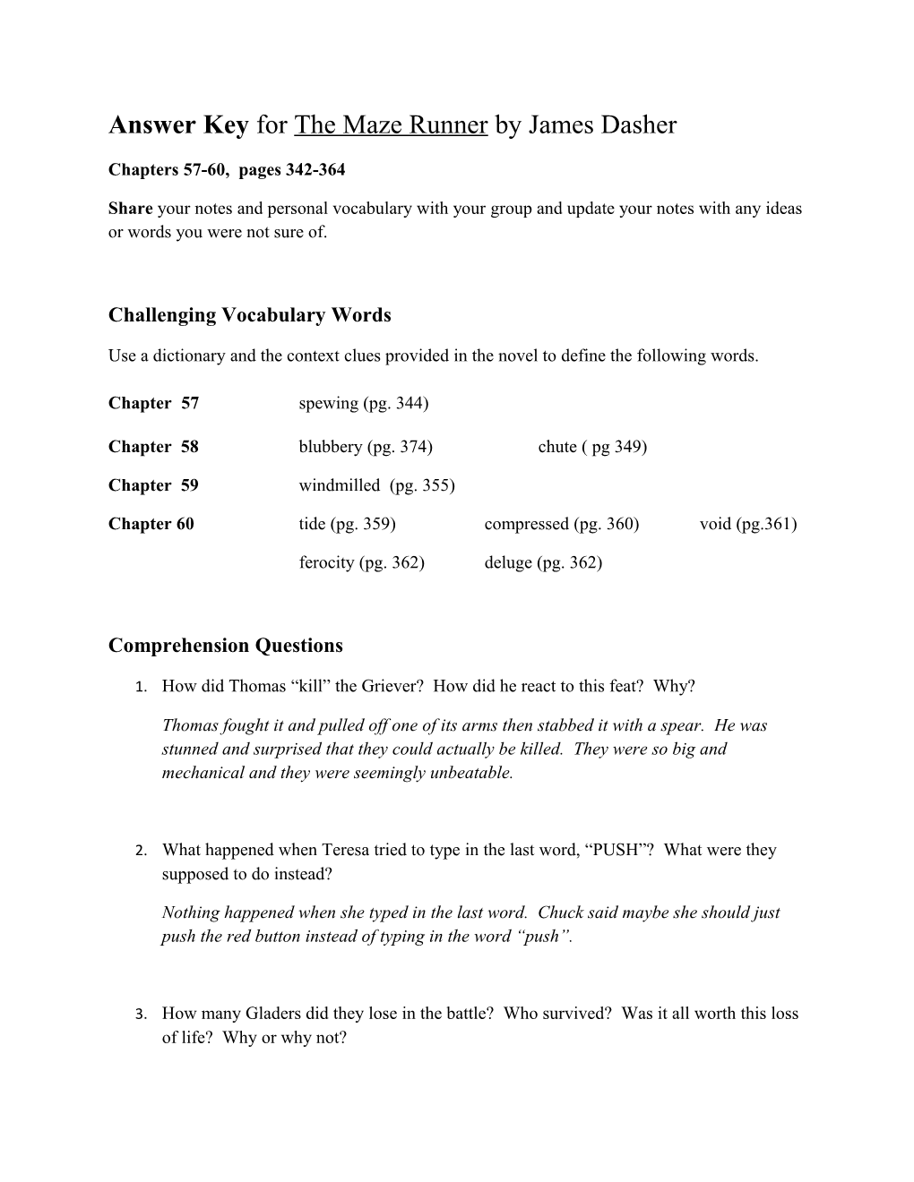 Answer Key for the Maze Runner by James Dasher s1