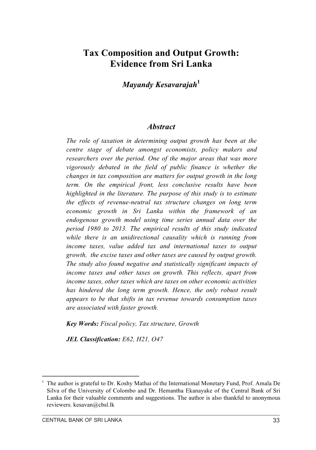 Tax Composition and Output Growth: Evidence from Sri Lanka