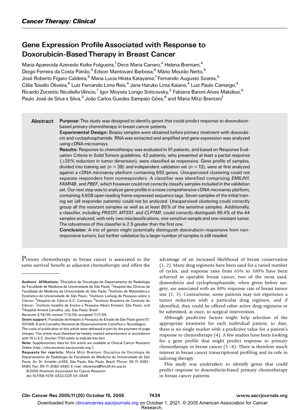 Gene Expression Profile Associated with Response to Doxorubicin