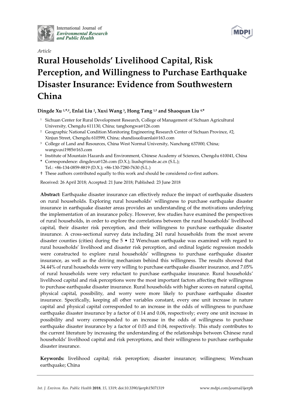 Rural Households' Livelihood Capital, Risk Perception, And