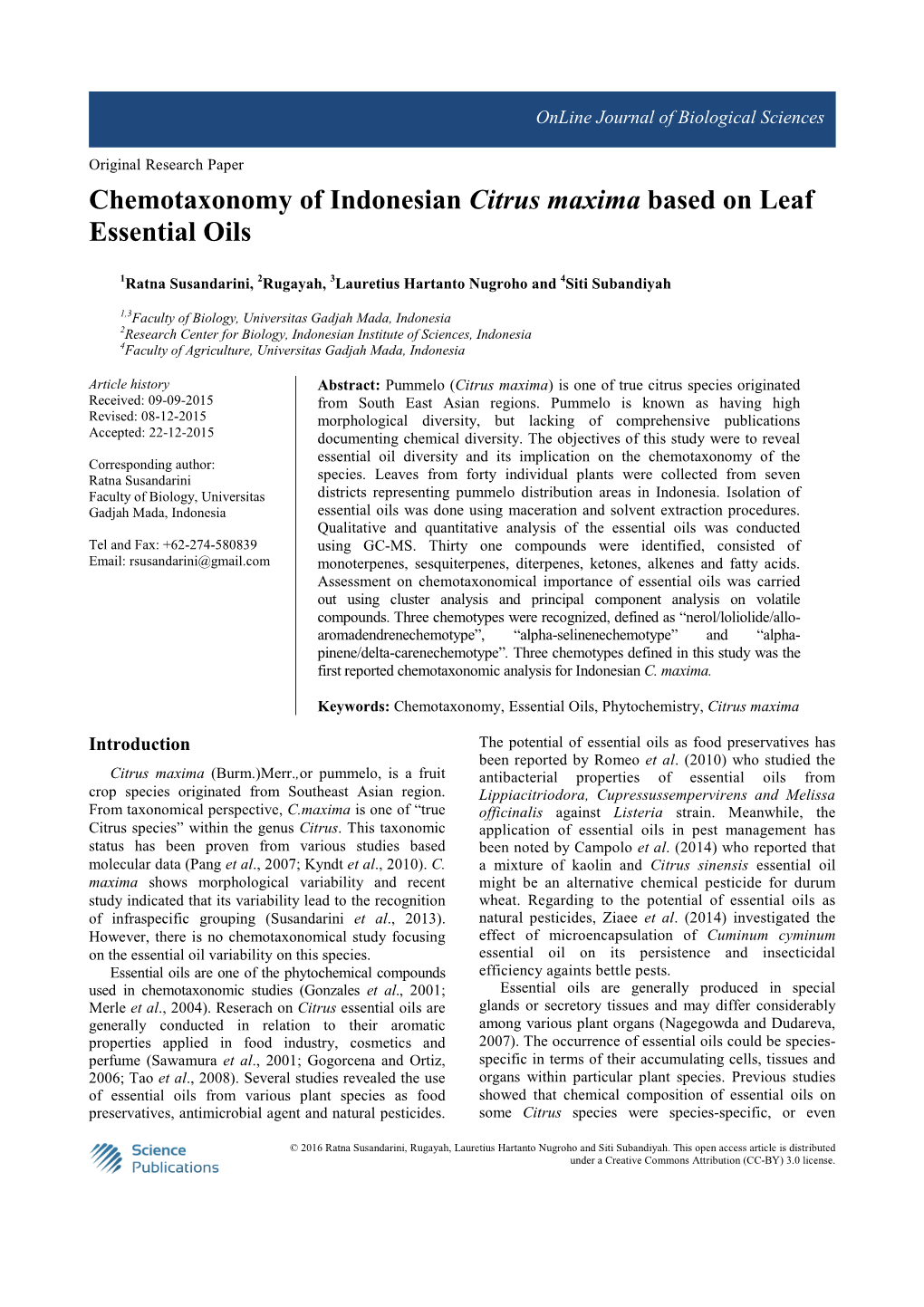 Chemotaxonomy of Indonesian Citrus Maxima Based on Leaf Essential Oils