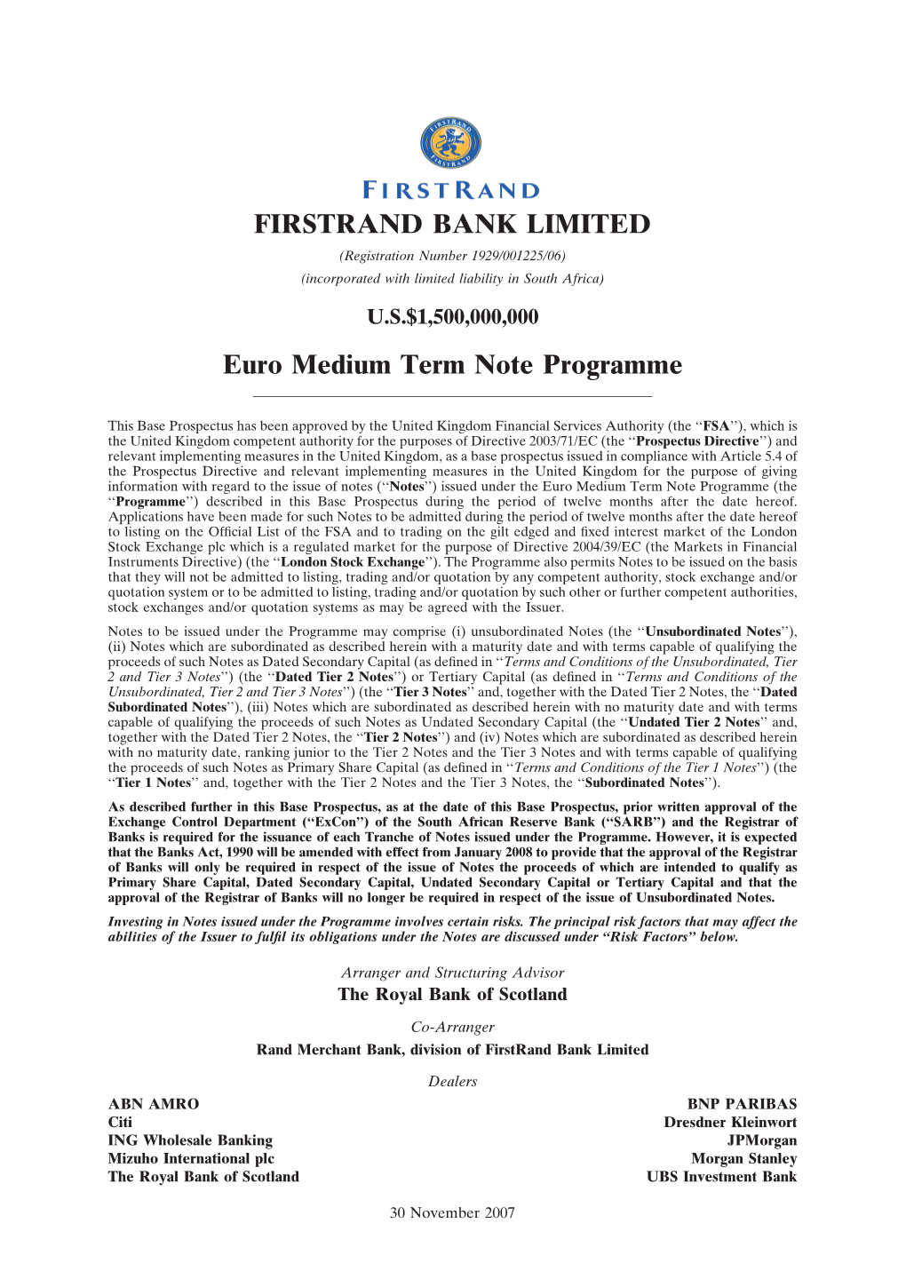 FIRSTRAND BANK LIMITED Euro Medium Term Note