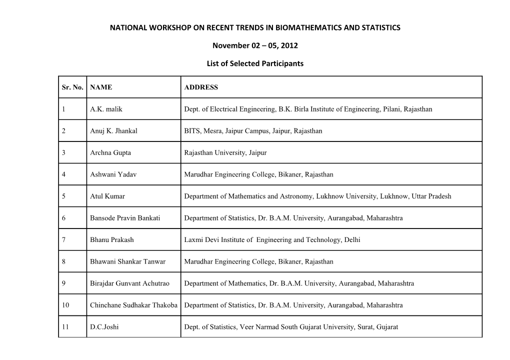 National Workshop on Recent Trends in Biomathematics and Statistics