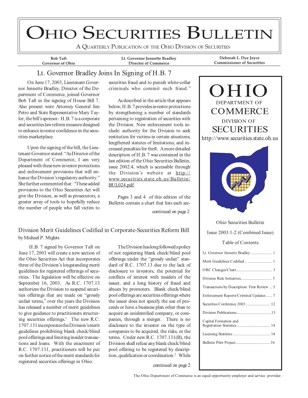 Ohio Securities Bulletin a Quarterly Publication of the Ohio Division of Securities