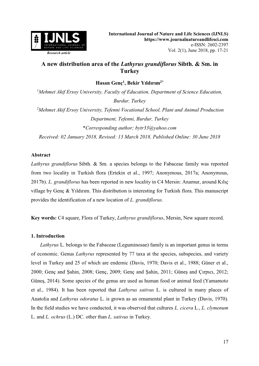 A New Distribution Area of the Lathyrus Grandiflorus Sibth. & Sm. in Turkey