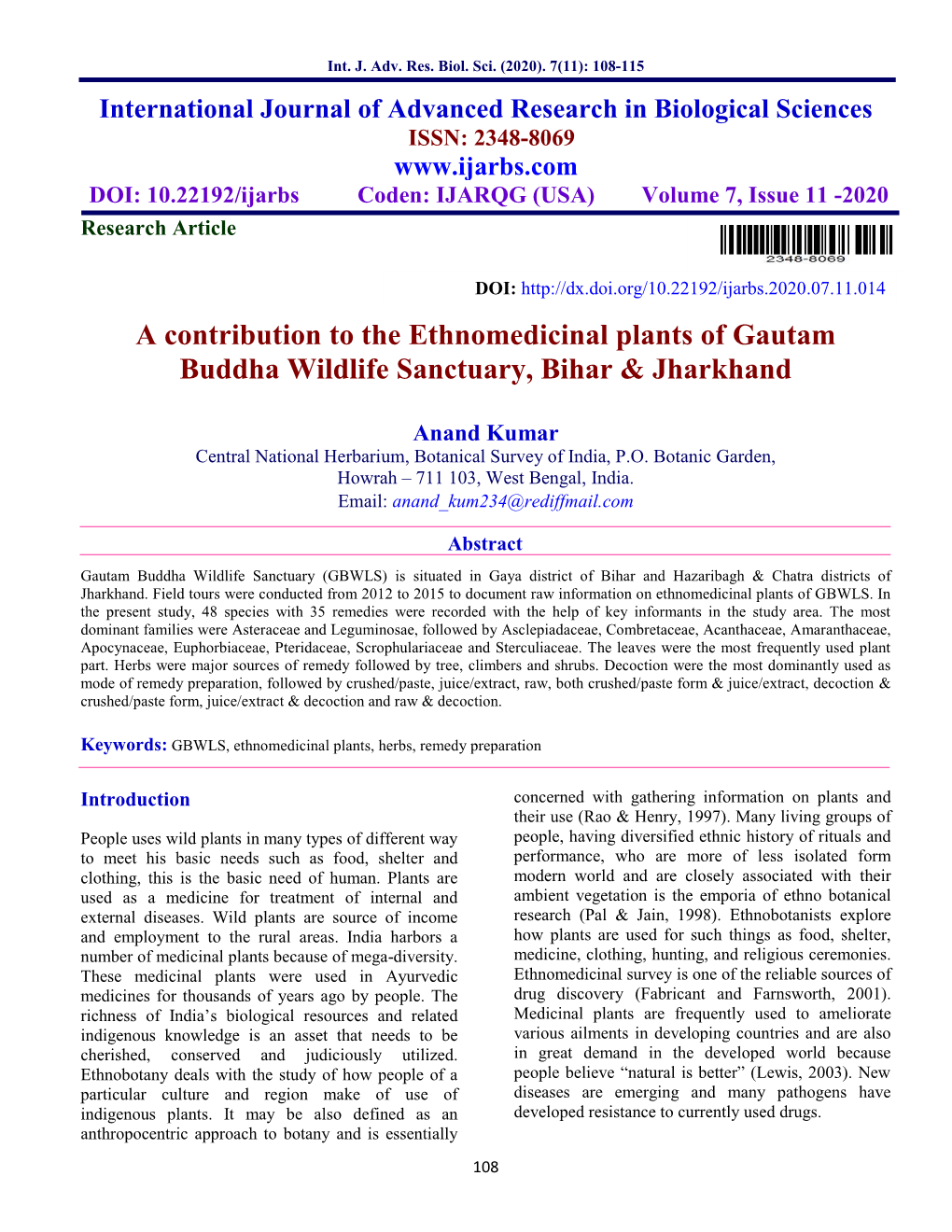 A Contribution to the Ethnomedicinal Plants of Gautam Buddha Wildlife Sanctuary, Bihar & Jharkhand