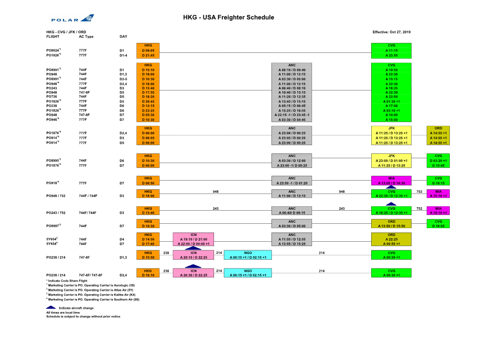 HKG - USA Freighter Schedule