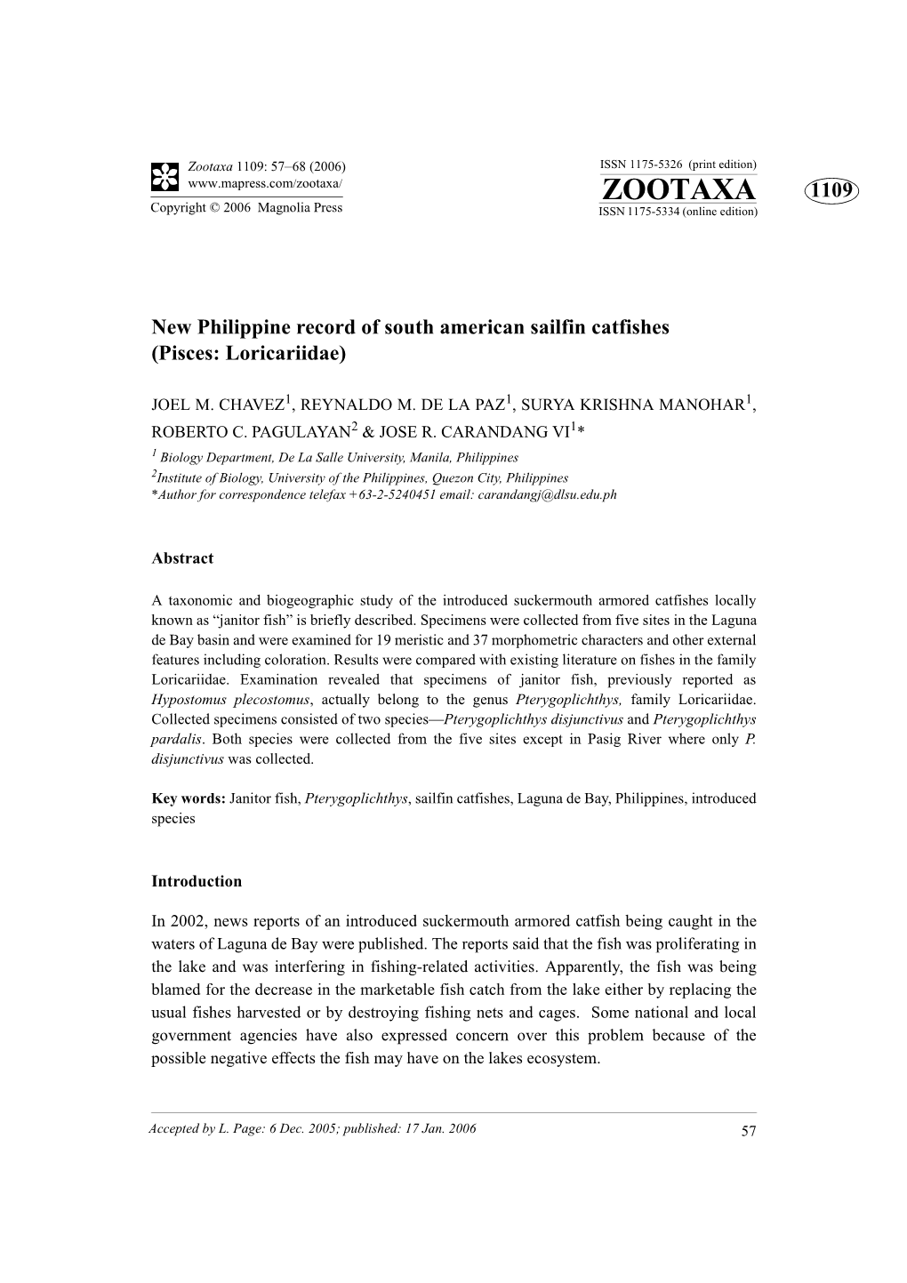 Zootaxa 1109: 57–68 (2006) ISSN 1175-5326 (Print Edition) ZOOTAXA 1109 Copyright © 2006 Magnolia Press ISSN 1175-5334 (Online Edition)