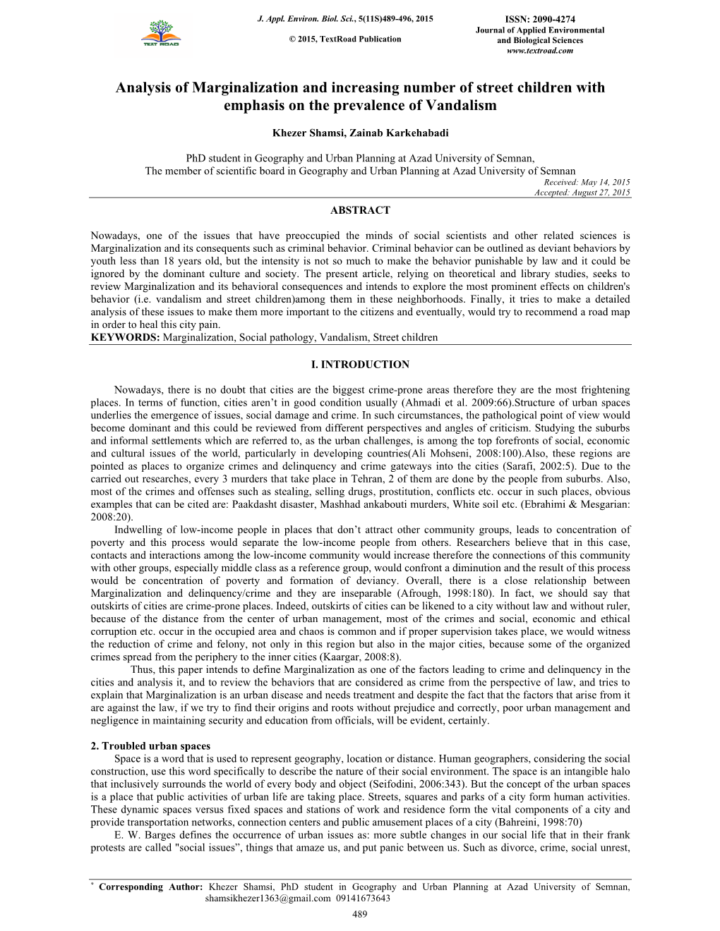 Analysis of Marginalization and Increasing Number of Street Children with Emphasis on the Prevalence of Vandalism