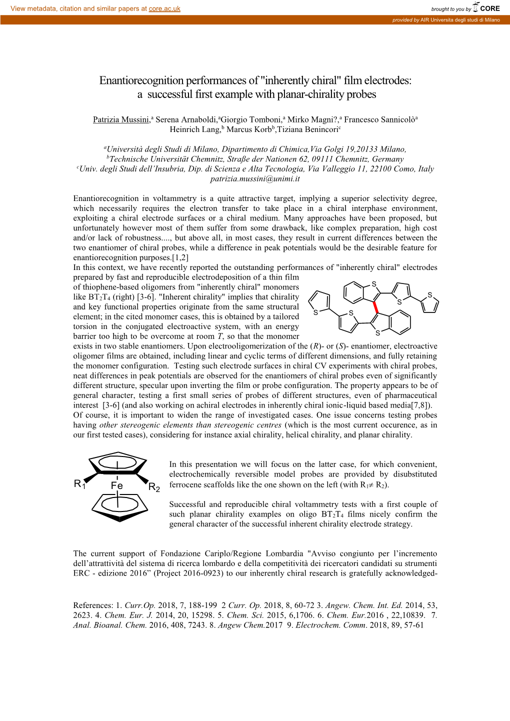 Enantiorecognition Performances of "Inherently Chiral" Film Electrodes: a Successful First Example with Planar-Chirality Probes