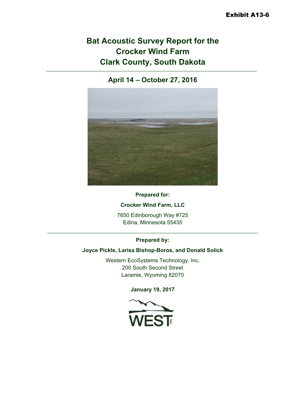 Bat Acoustic Survey Report for the Crocker Wind Farm Clark County, South Dakota
