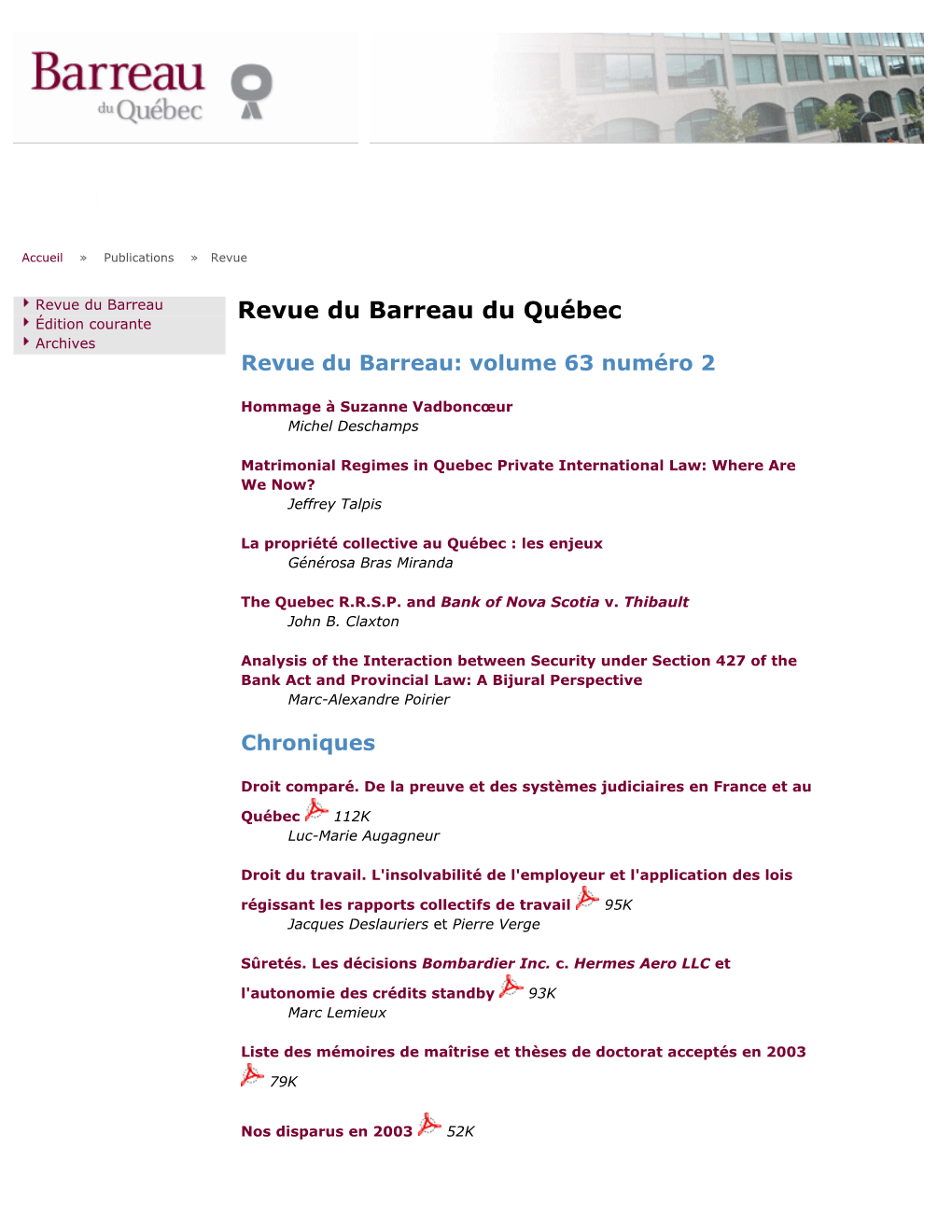 Revue Du Barreau Revue Du Barreau Du Québec Édition Courante Archives Revue Du Barreau: Volume 63 Numéro 2