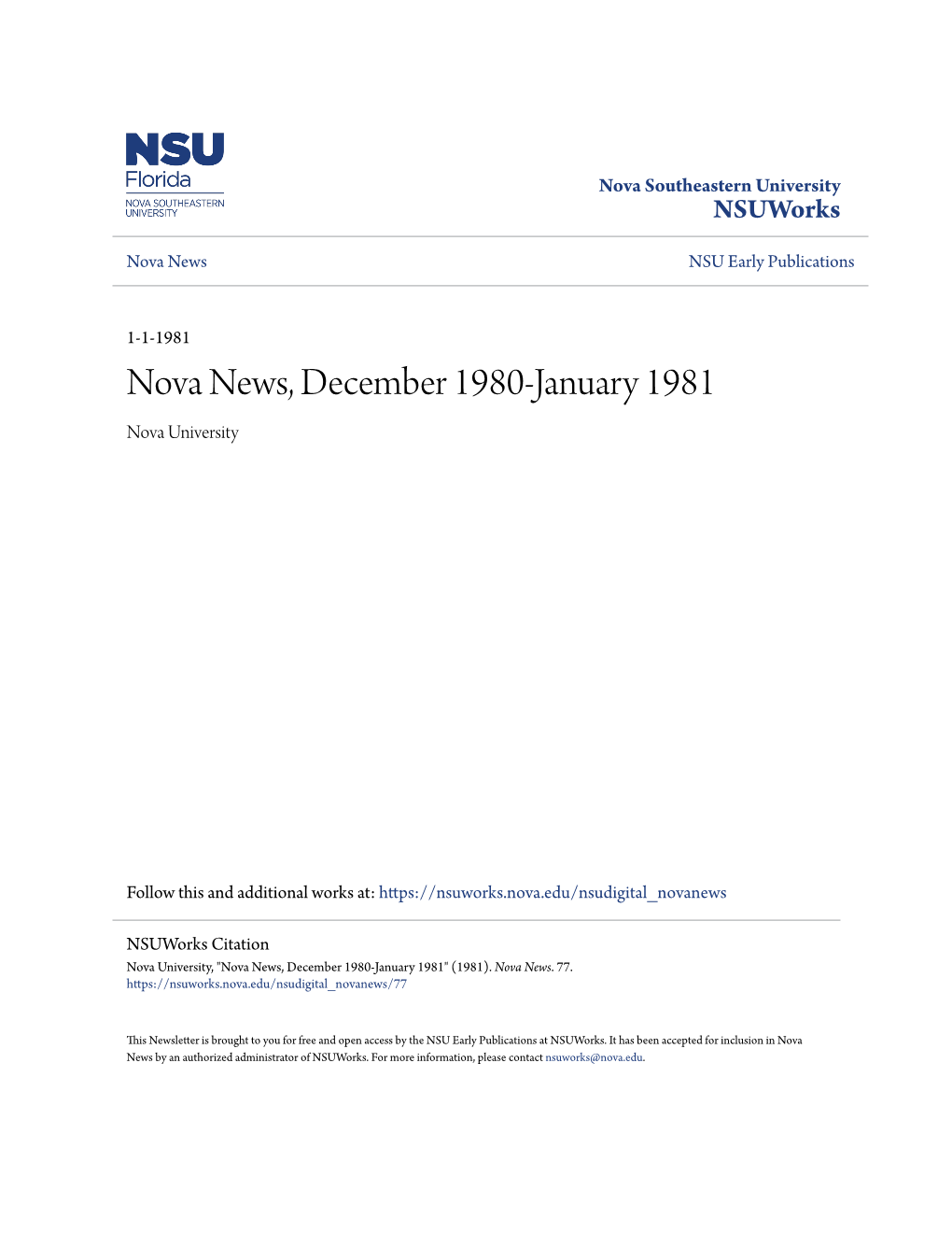 Nova News, December 1980-January 1981 Nova University