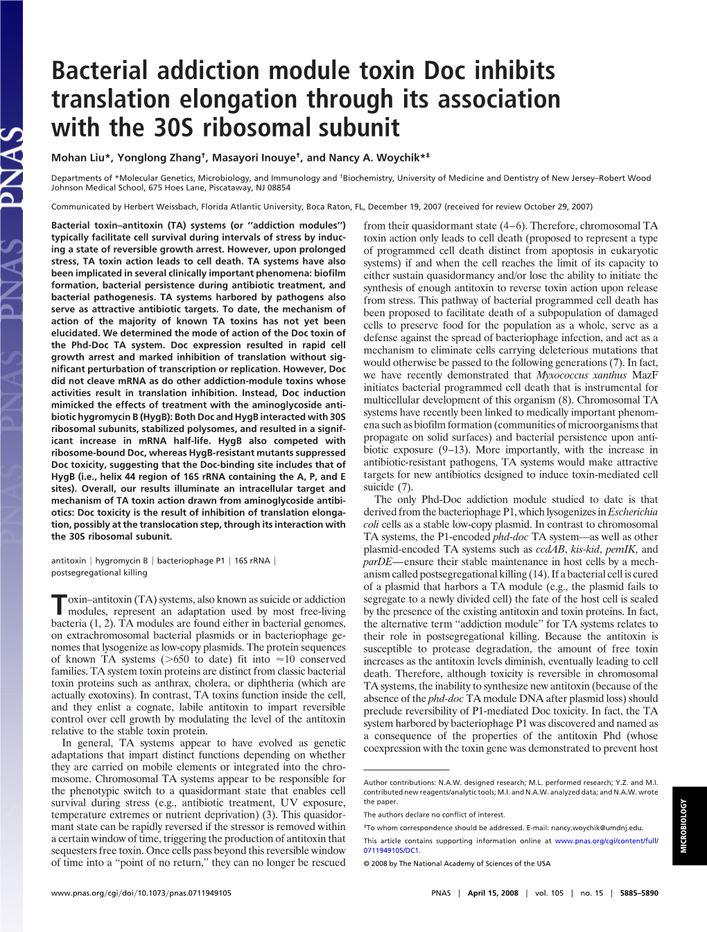 Bacterial Addiction Module Toxin Doc Inhibits Translation Elongation Through Its Association with the 30S Ribosomal Subunit