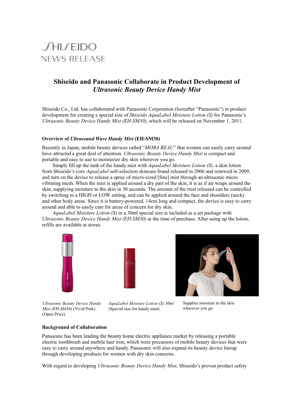 Shiseido and Panasonic Collaborate in Product Development of Ultrasonic Beauty Device Handy Mist